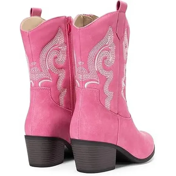 Dream Pairs Womens 8.5 Faux Pink Leather 2.25" Block Heel Mid Calf Cowboy Boots - Picture 4 of 8